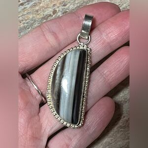 Artisan Sterling Silver Half Moon Shaped Banded Agate Pendant